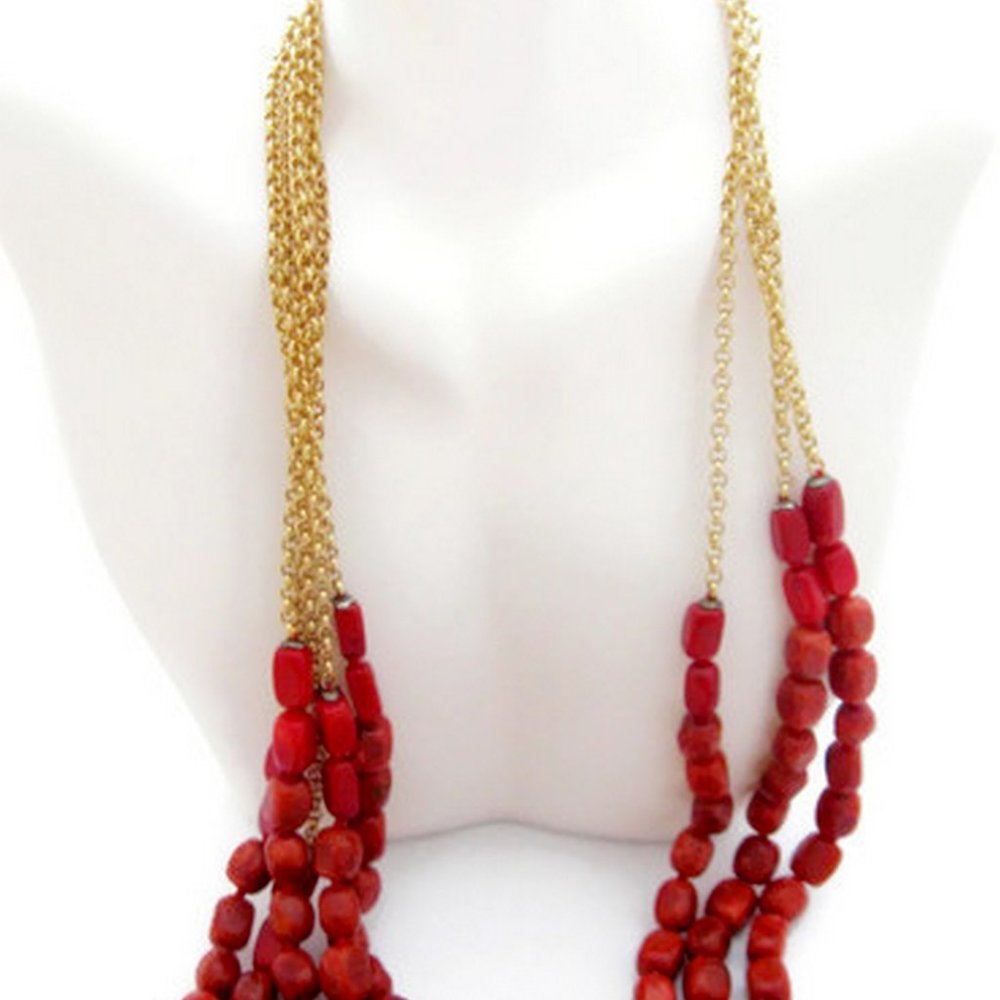 Three Strand Coral Beaded Necklace Signed Chapter